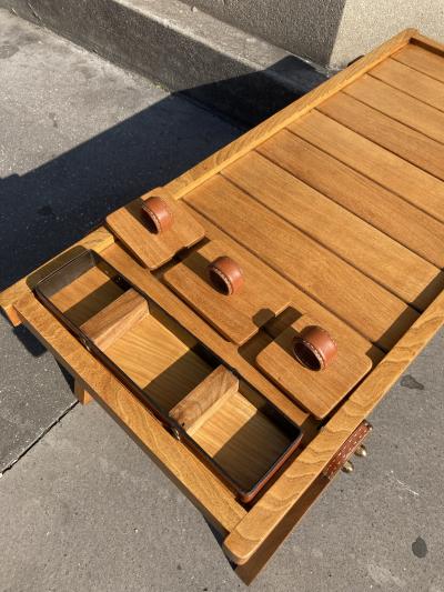 Jacques Adnet 1950s Stitched leather and wood cocktail table by Jacques Adnet