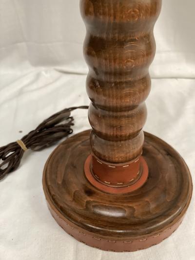 Jacques Adnet 1950s Stitched leather and wood lamp by Jacques adnet