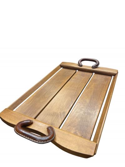 Jacques Adnet 1950s Stitched leather and wood serving tray by Jacques Adnet