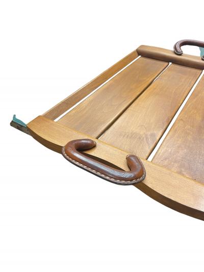 Jacques Adnet 1950s Stitched leather and wood serving tray by Jacques Adnet