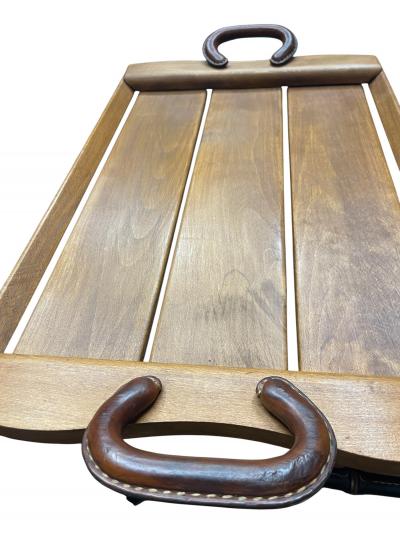 Jacques Adnet 1950s Stitched leather and wood serving tray by Jacques Adnet