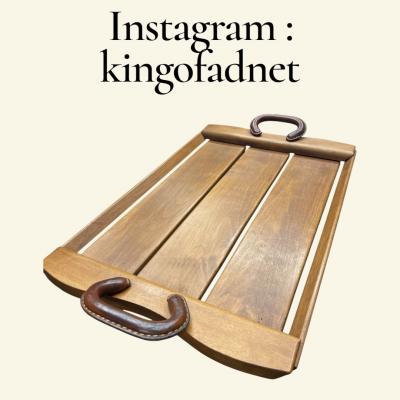 Jacques Adnet 1950s Stitched leather and wood serving tray by Jacques Adnet
