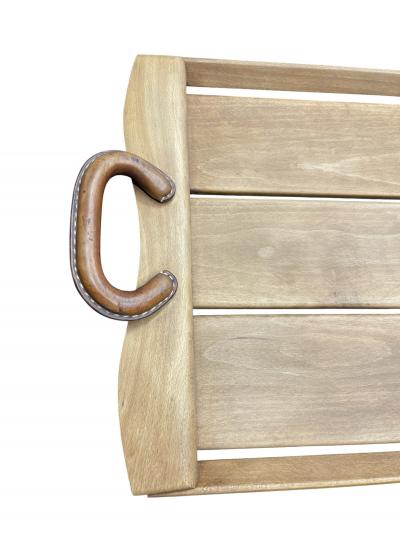 Jacques Adnet 1950s Stitched leather and wood serving tray by Jacques Adnet