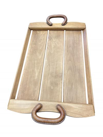 Jacques Adnet 1950s Stitched leather and wood serving tray by Jacques Adnet