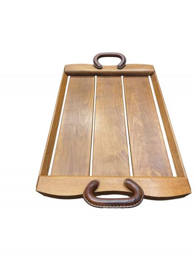 Jacques Adnet 1950s Stitched leather and wood serving tray by Jacques Adnet