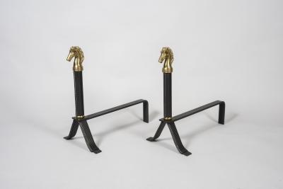 Jacques Adnet 1950s Stitched leather andirons By Jacques Adnet