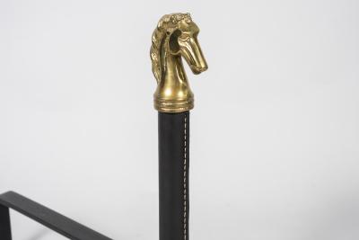 Jacques Adnet 1950s Stitched leather andirons By Jacques Adnet