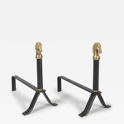 Jacques Adnet 1950s Stitched leather andirons By Jacques Adnet