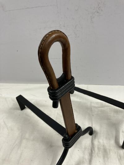 Jacques Adnet 1950s Stitched leather andirons by Jacques Adnet