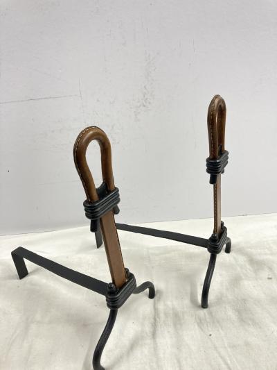 Jacques Adnet 1950s Stitched leather andirons by Jacques Adnet