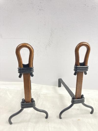 Jacques Adnet 1950s Stitched leather andirons by Jacques Adnet