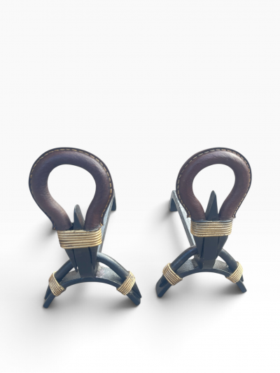Jacques Adnet 1950s Stitched leather andirons by Jacques Adnet