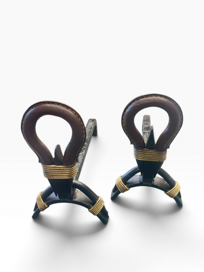 Jacques Adnet 1950s Stitched leather andirons by Jacques Adnet