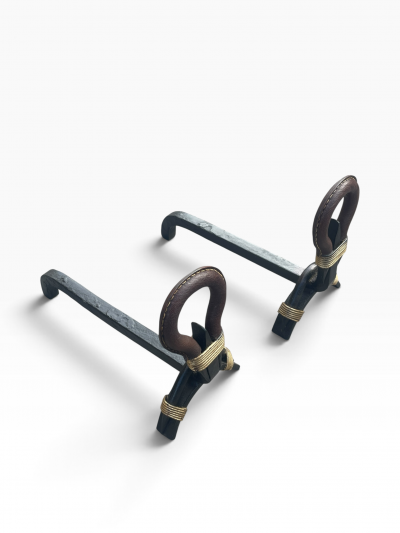Jacques Adnet 1950s Stitched leather andirons by Jacques Adnet