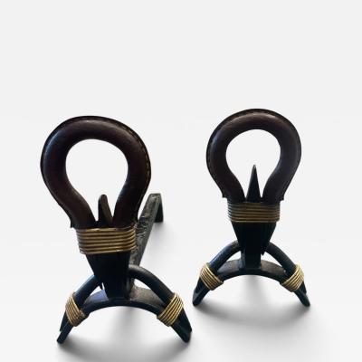 Jacques Adnet 1950s Stitched leather andirons by Jacques Adnet