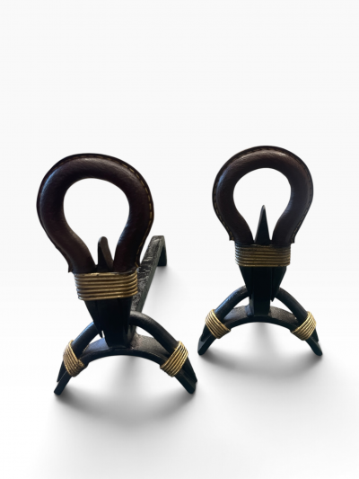 Jacques Adnet 1950s Stitched leather andirons by Jacques Adnet