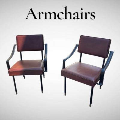 Jacques Adnet 1950s Stitched leather armchairs by Jacques Adnet