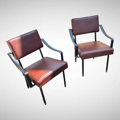Jacques Adnet 1950s Stitched leather armchairs by Jacques Adnet