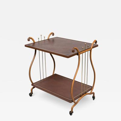 Jacques Adnet 1950s Stitched leather bar cart by Jacques Adnet
