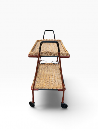 Jacques Adnet 1950s Stitched leather bar cart by Jacques Adnet