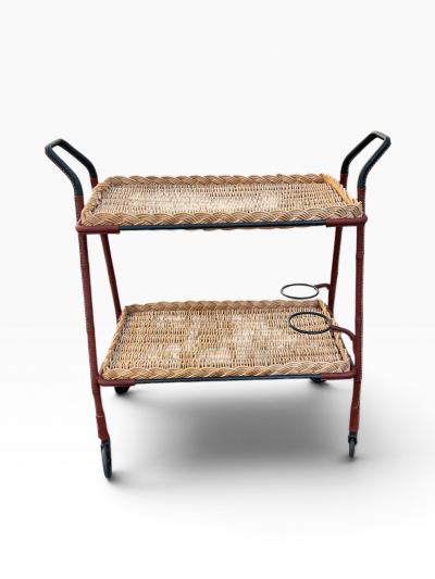 Jacques Adnet 1950s Stitched leather bar cart by Jacques Adnet