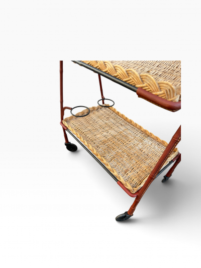 Jacques Adnet 1950s Stitched leather bar cart by Jacques Adnet
