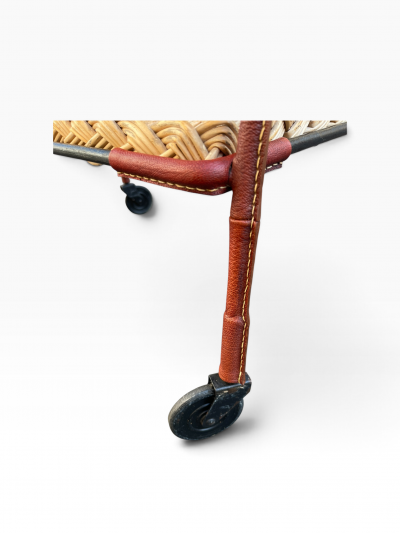 Jacques Adnet 1950s Stitched leather bar cart by Jacques Adnet