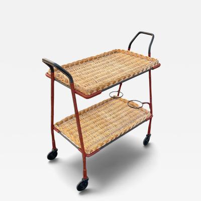 Jacques Adnet 1950s Stitched leather bar cart by Jacques Adnet