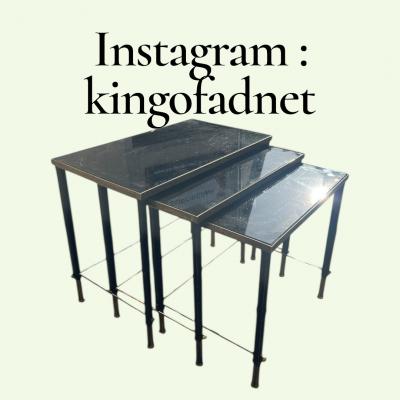 Jacques Adnet 1950s Stitched leather brass and opaline nesting tables by Jacques Adnet