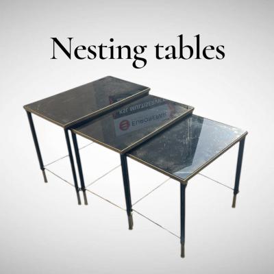 Jacques Adnet 1950s Stitched leather brass and opaline nesting tables by Jacques Adnet