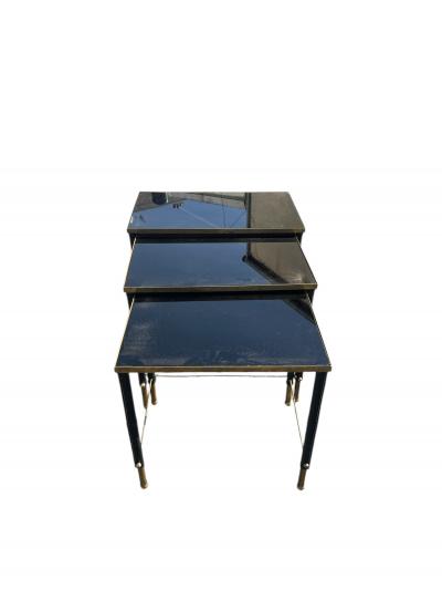 Jacques Adnet 1950s Stitched leather brass and opaline nesting tables by Jacques Adnet