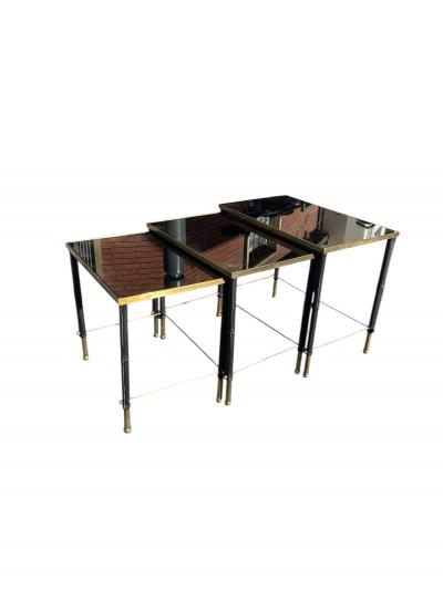 Jacques Adnet 1950s Stitched leather brass and opaline nesting tables by Jacques Adnet
