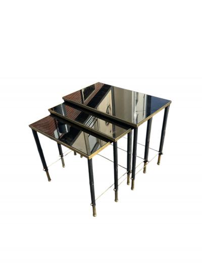 Jacques Adnet 1950s Stitched leather brass and opaline nesting tables by Jacques Adnet