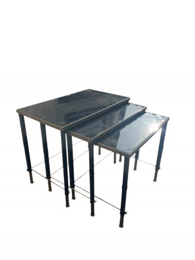 Jacques Adnet 1950s Stitched leather brass and opaline nesting tables by Jacques Adnet