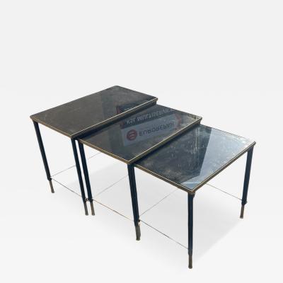 Jacques Adnet 1950s Stitched leather brass and opaline nesting tables by Jacques Adnet