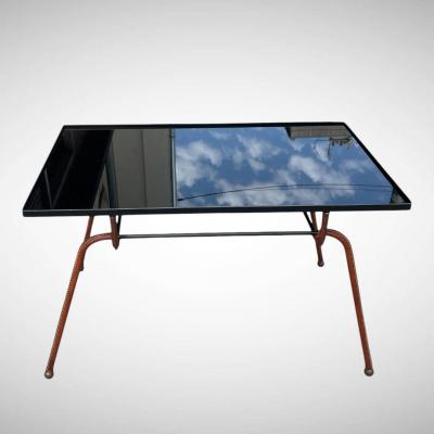 Jacques Adnet 1950s Stitched leather cocktail table by Jacques Adnet