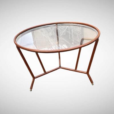 Jacques Adnet 1950s Stitched leather cocktail table by Jacques Adnet