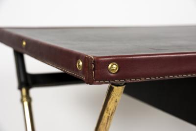 Jacques Adnet 1950s Stitched leather desk and stools By Jacques Adnet