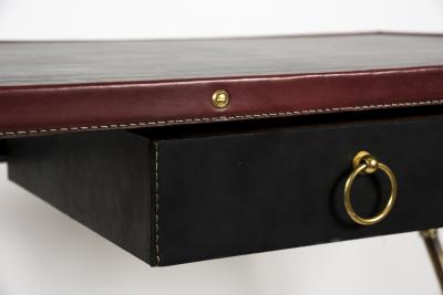 Jacques Adnet 1950s Stitched leather desk and stools By Jacques Adnet