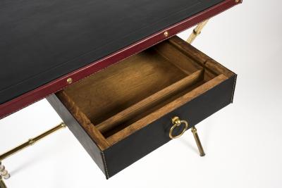 Jacques Adnet 1950s Stitched leather desk and stools By Jacques Adnet