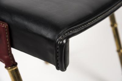 Jacques Adnet 1950s Stitched leather desk and stools By Jacques Adnet