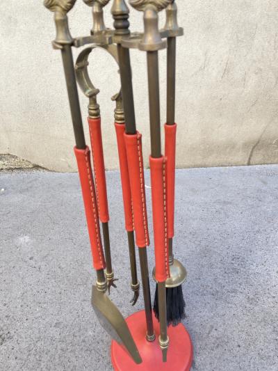 Jacques Adnet 1950s Stitched leather fire tools by Jacques Adnet