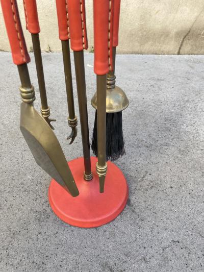 Jacques Adnet 1950s Stitched leather fire tools by Jacques Adnet