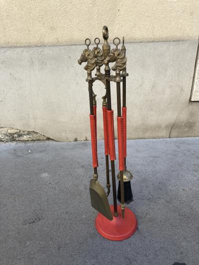 Jacques Adnet 1950s Stitched leather fire tools by Jacques Adnet