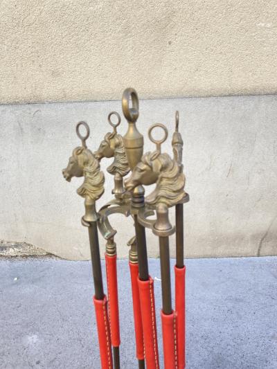 Jacques Adnet 1950s Stitched leather fire tools by Jacques Adnet