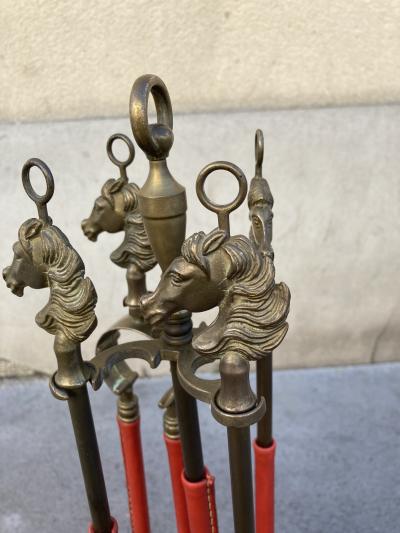 Jacques Adnet 1950s Stitched leather fire tools by Jacques Adnet