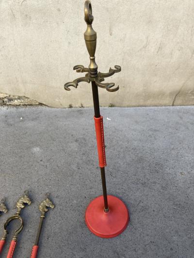 Jacques Adnet 1950s Stitched leather fire tools by Jacques Adnet