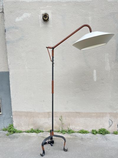 Jacques Adnet 1950s Stitched leather floor lamp by Jacques Adnet