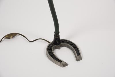 Jacques Adnet 1950s Stitched leather lamp with shoe horse base by Jacques Adnet