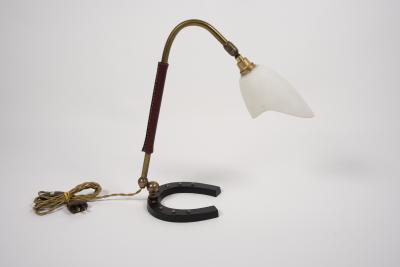 Jacques Adnet 1950s Stitched leather lamp with shoe horse base by Jacques Adnet